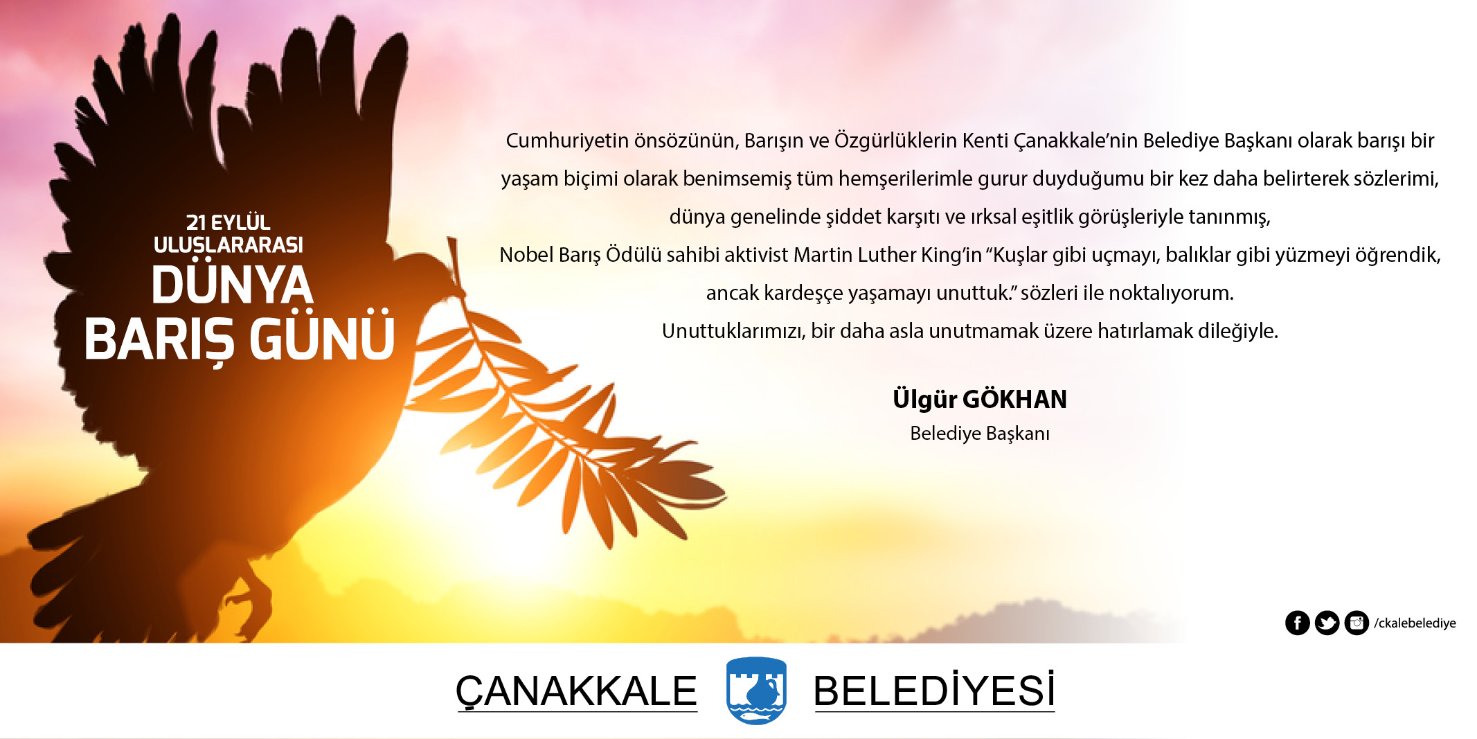 Belediye Başkanı Sayın Ülgür Gökhan'ın 21 Eylül Uluslararası Dünya Barış Günü Mesajı