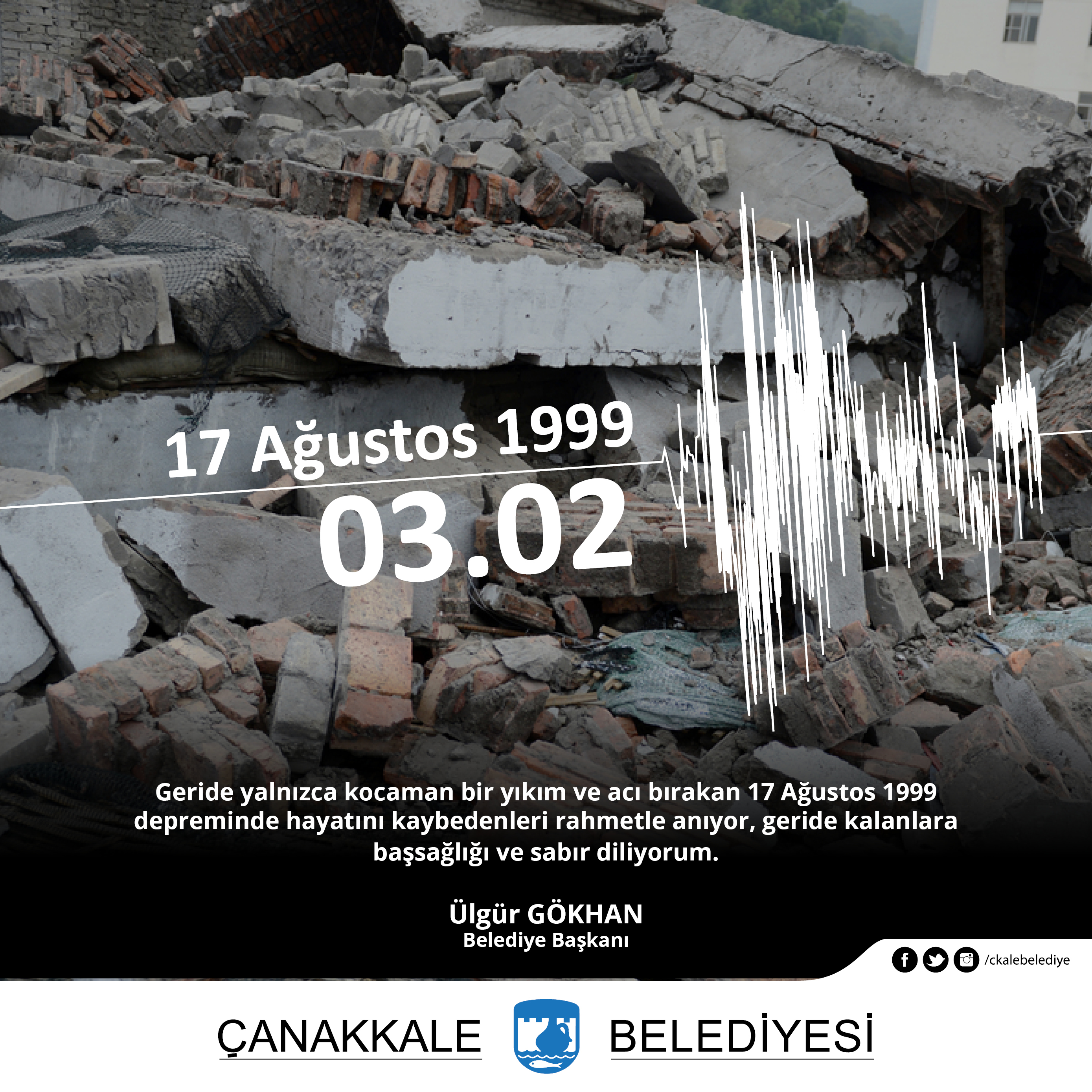 Belediye Başkanı Sayın Ülgür Gökhan'ın 17 Ağustos 1999 Depremi Anma Mesajı